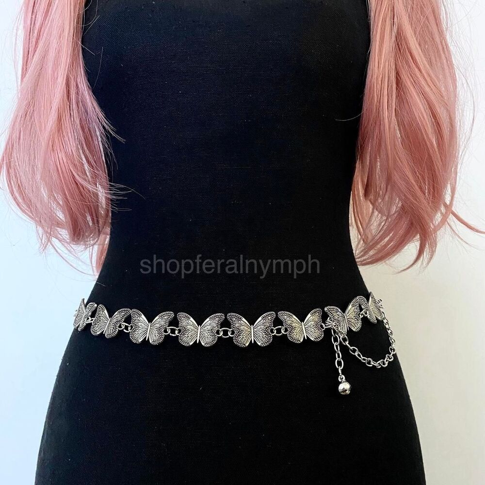 Silver Y2K Butterfly Fairycore Waist Chain Belt, Fits 13 to 35 Inches, X7GA1370